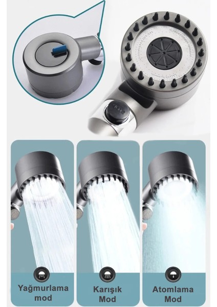 3 Fonksiyonlu Start Stop Tuşlu Filtreli Basınçlı Masaj Etkili Duş Başlığı Duş Başlığı Gri Krom Kapla indirimleri