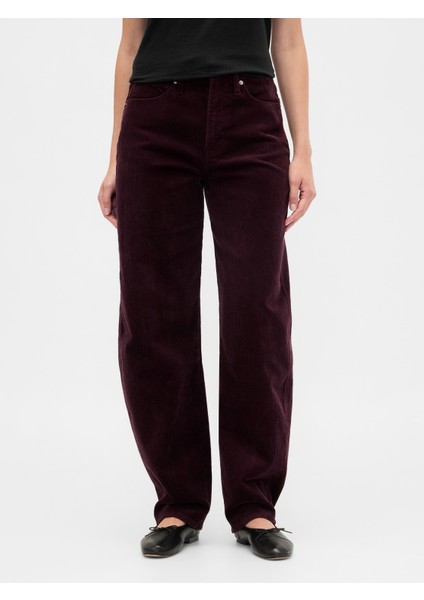 Kadın Bordo High Rise Barrel Corduroy Pantolon