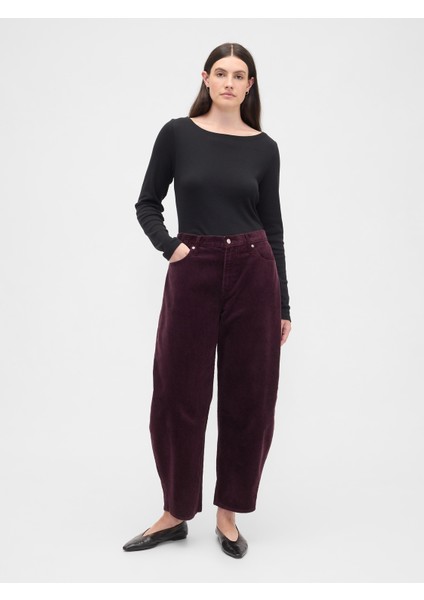 Kadın Bordo High Rise Barrel Corduroy Pantolon fırsatları