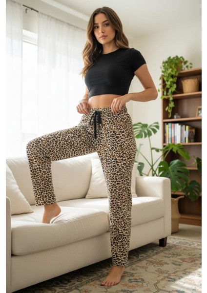 Leopar Desenli Pijama Altı Yumuşak Kumaş Rahat Kesim Ev Pantolonu