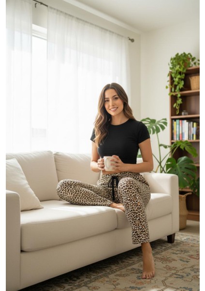 Leopar Desenli Pijama Altı Yumuşak Kumaş Rahat Kesim Ev Pantolonu fırsatları