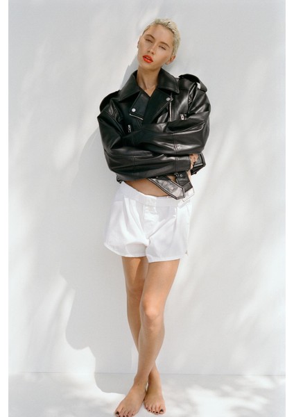 Kemerli Suni Deri Crop Biker Ceket fiyatları