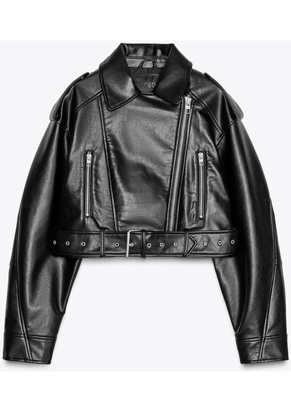 Kemerli Suni Deri Crop Biker Ceket modelleri