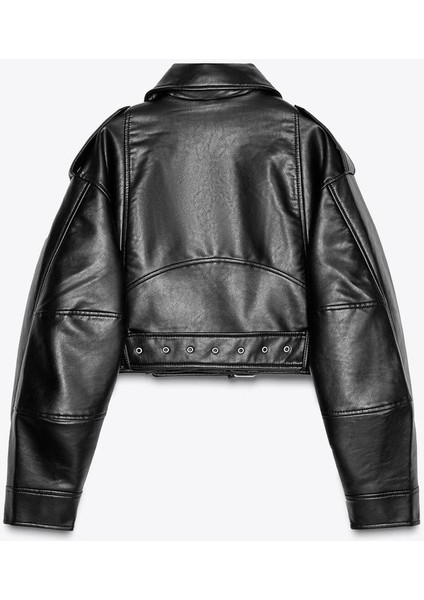 Kemerli Suni Deri Crop Biker Ceket fırsatları