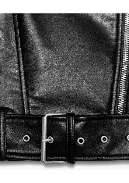 Kemerli Suni Deri Crop Biker Ceket indirimleri