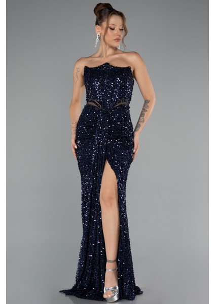 Straplez Bacak Yırtmaçlı Uzun Pul Payet Abiye ABU5185