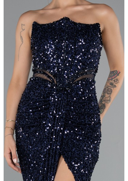 Straplez Bacak Yırtmaçlı Uzun Pul Payet Abiye ABU5185 modelleri