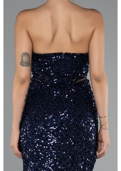 Straplez Bacak Yırtmaçlı Uzun Pul Payet Abiye ABU5185 fırsatları