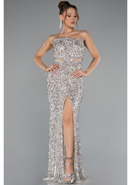 Straplez Bacak Yırtmaçlı Uzun Pul Payet Abiye ABU5185