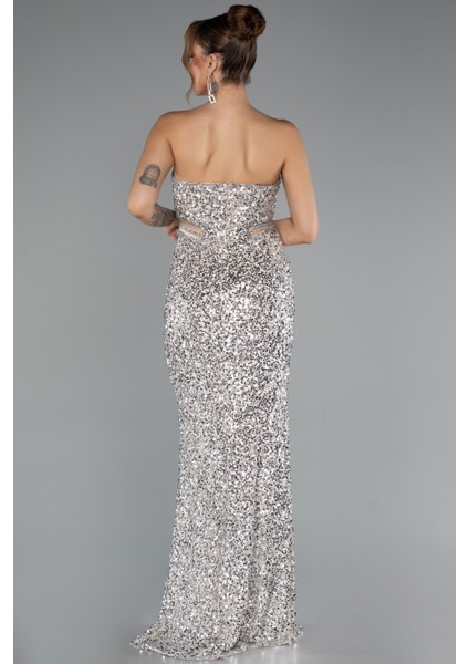 Straplez Bacak Yırtmaçlı Uzun Pul Payet Abiye ABU5185 fiyatları