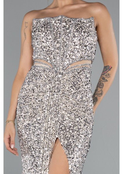 Straplez Bacak Yırtmaçlı Uzun Pul Payet Abiye ABU5185 modelleri