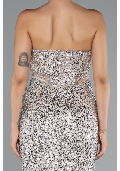 Straplez Bacak Yırtmaçlı Uzun Pul Payet Abiye ABU5185 fırsatları