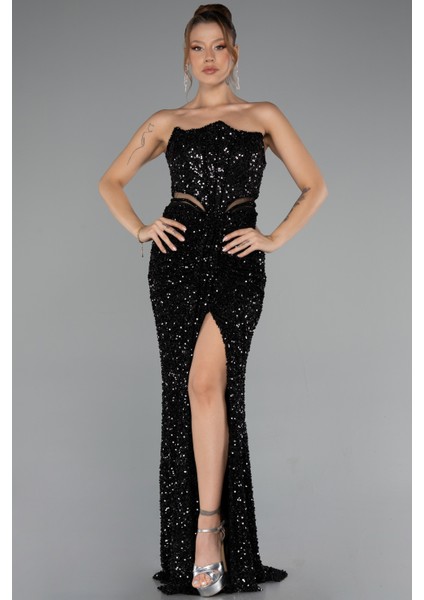 Straplez Bacak Yırtmaçlı Uzun Pul Payet Abiye ABU5185