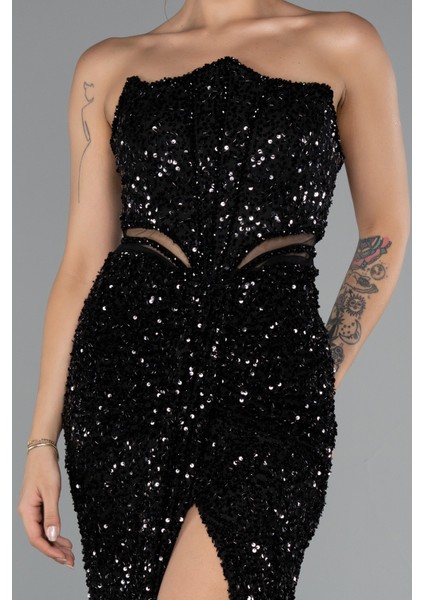 Straplez Bacak Yırtmaçlı Uzun Pul Payet Abiye ABU5185 modelleri