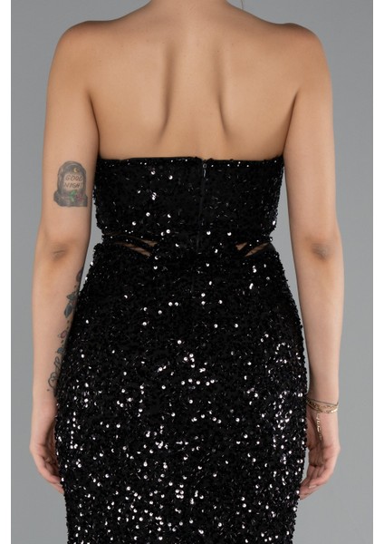 Straplez Bacak Yırtmaçlı Uzun Pul Payet Abiye ABU5185 fırsatları