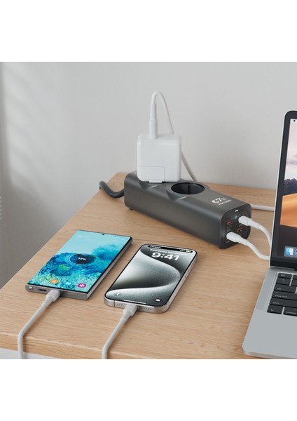 6in1 Gan 67W Masaüstü Akıllı Güç Ünitesi | 3 Type-C + 1 Usb-A + 2 Ac Priz | Pd & Qc Hızlı Şarj Destekli Çoklu Akıllı Adaptör | Laptop, Telefon, Tablet Uyumlu