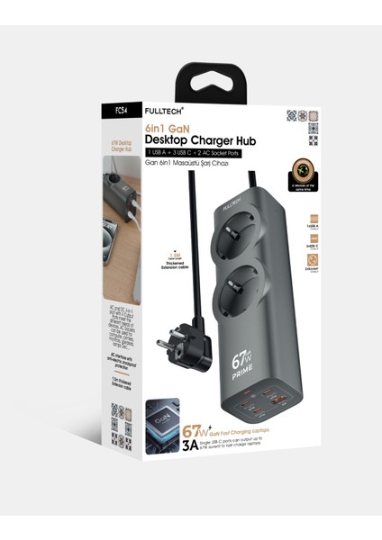 6in1 Gan 67W Masaüstü Akıllı Güç Ünitesi | 3 Type-C + 1 Usb-A + 2 Ac Priz | Pd & Qc Hızlı Şarj Destekli Çoklu Akıllı Adaptör | Laptop, Telefon, Tablet Uyumlu modelleri