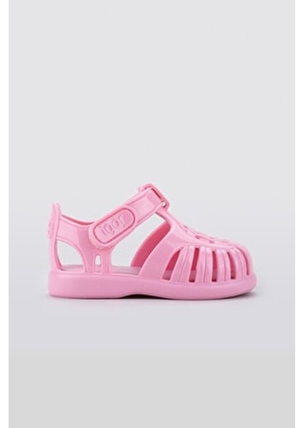 Tobby Gloss Kız Çocuk Parlak Pembe Cırt Cırtlı Sandalet Hafif ve Suya Dayanıklı