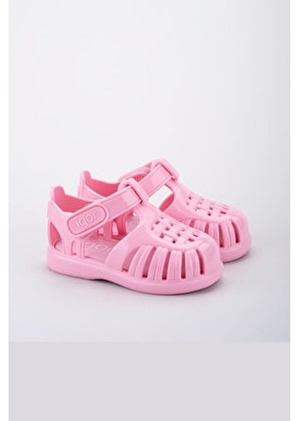 Tobby Gloss Kız Çocuk Parlak Pembe Cırt Cırtlı Sandalet Hafif ve Suya Dayanıklı
