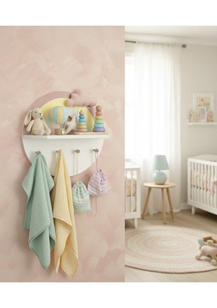 Renkli Ahşap Gökkuşağı Temalı Duvar Rafı ve Askısı