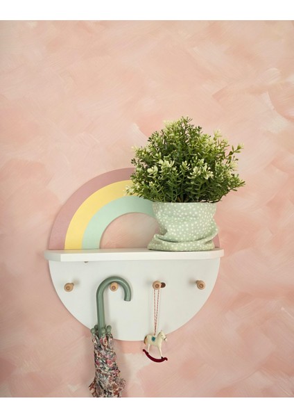 Renkli Ahşap Gökkuşağı Temalı Duvar Rafı ve Askısı modelleri