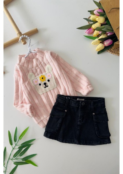 Yumoş Örgü Cep Detaylı Kız Çocuk Etekli takım - Pembe