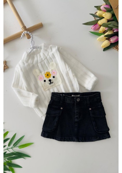 Yumoş Örgü Cep Detaylı Kız Çocuk Etekli takım - Beyaz