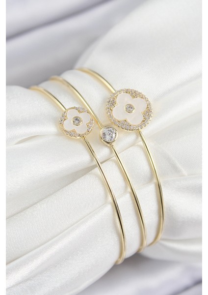 Pirinç Zirkon Taşlı Yonca Model Gold Renk Vip 3'lü Kadın Bileklik