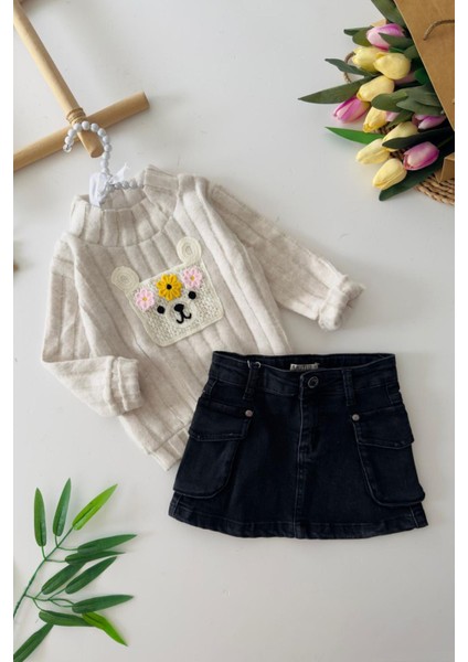 Yumoş Örgü Cep Detaylı Kız Çocuk Etekli takım - Gri