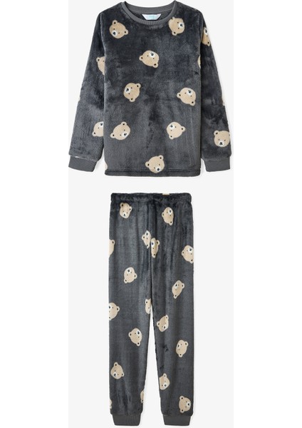 Kırık Gri Erkek Çocuk Ayı Desenli Uzun Kollu Pijama Takımı
