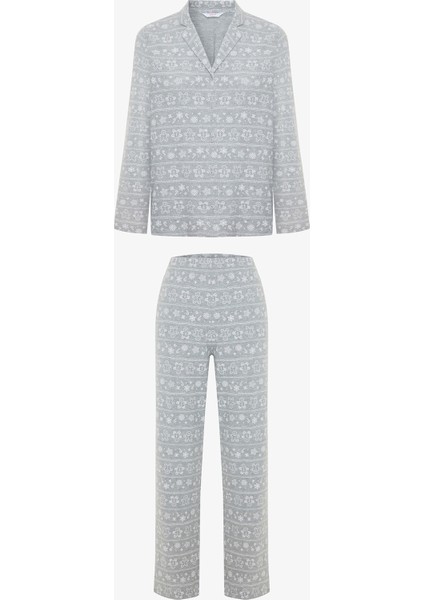 Gri Melanj Gingerbread Gömlek Yaka Termal Etkisi Pijama Takımı