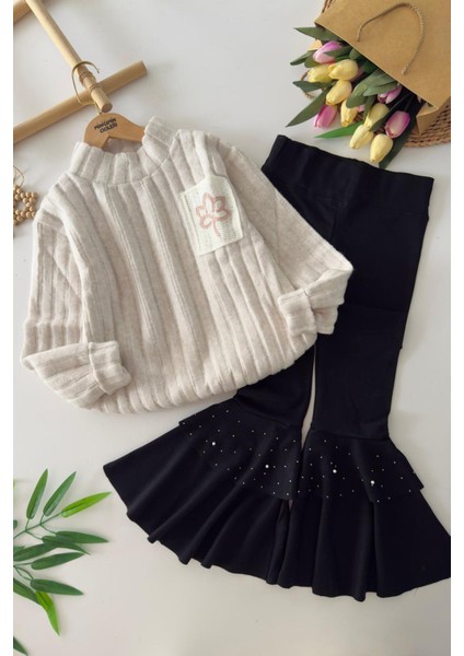 Yumoş Cep Yaprak Örgü Detaylı Kız Çocuk Ispanyol takım - Gri