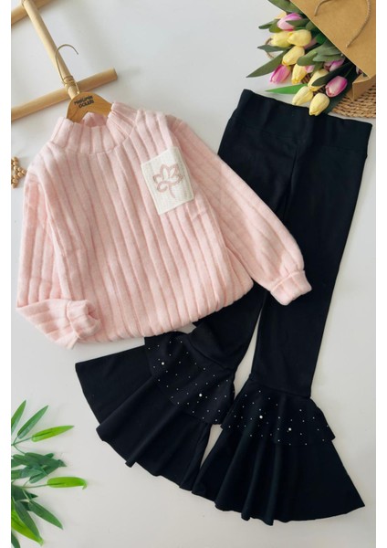 Yumoş Cep Yaprak Örgü Detaylı Kız Çocuk Ispanyol takım - Pembe