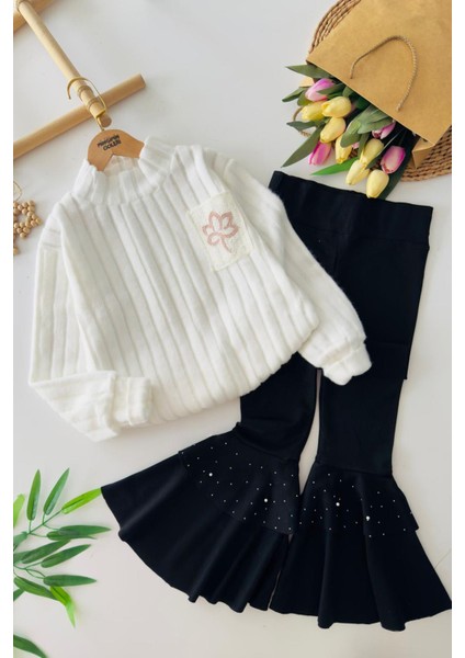 Yumoş Cep Yaprak Örgü Detaylı Kız Çocuk Ispanyol takım - Beyaz