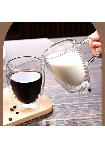 Çift Cidarlı Çizgili Cam - Kahve - Latte - Espresso - Meşrubat - Bardak Seti 300 Ml x 6 Adet 2322