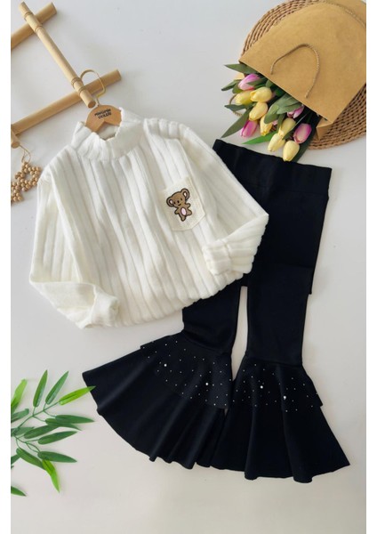 Yumoş Cep Ayıcık Örgü Detaylı Kız Çocuk Ispanyol takım - Beyaz