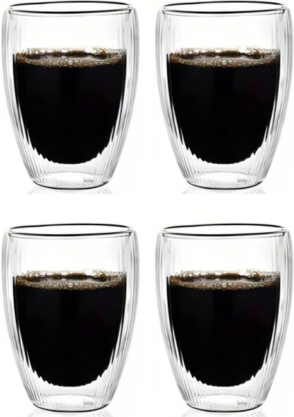 Çift Cidarlı Çizgili Cam - Kahve - Latte - Espresso - Meşrubat - Bardak Seti 300 Ml x 4 Adet 2322