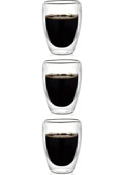 Çift Cidarlı Çizgili Cam - Kahve - Latte - Espresso - Meşrubat - Bardak Seti 300 Ml x 3 Adet 2322