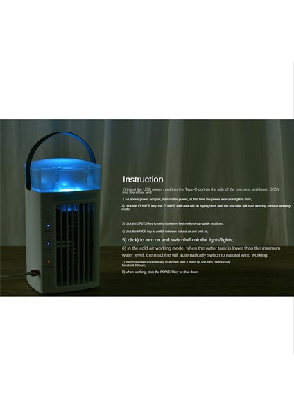 Yatak Odası Için 3 Fan Hızı ve 7 Renkli LED Işıklı Taşınabilir Klima Fanı 3'ü 1 Arada Masa Üstü Hava Soğutucu ve Nemlendirici (Yurt Dışından)