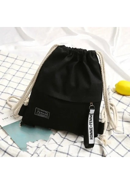 1 Pc Canvas Okul Çantası Çift Omuz Çekme Sırt Çantası Çekme Pocket Taşınabilir Günlük Sırt Çantası Kadın Erkekler Sırt Çapkağı: Siyah (Yurt Dışından)