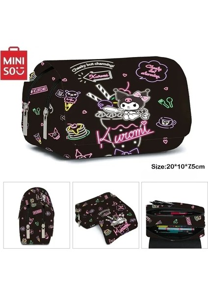 Miniso Kuromi Schoolbag Öğrencileri Kawaii Çift Katmanlı Kalem Çantası Büyük Kapasite Gündelik Sırt Çantası Karikatür Baskı Poşeti Renk: Clear (Yurt Dışından)