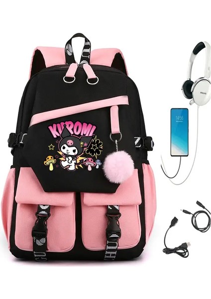 Karikatür Kuromi Benim Melodisi USB Ücretli Sırt Çantası Mochila Erkek Kızlar Okul Çantası Erkek Kadın Rucksack Okul Çantası Gençler Günlük Sırıldayan Renk: Resimle Aynı (Yurt Dışından)