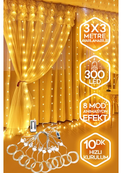 3x3 Metre Usb'li 8 Animasyonlu Uzaktan Kumandalı Gün Işığı Peri Tel LED Perde - KG3X3 modelleri