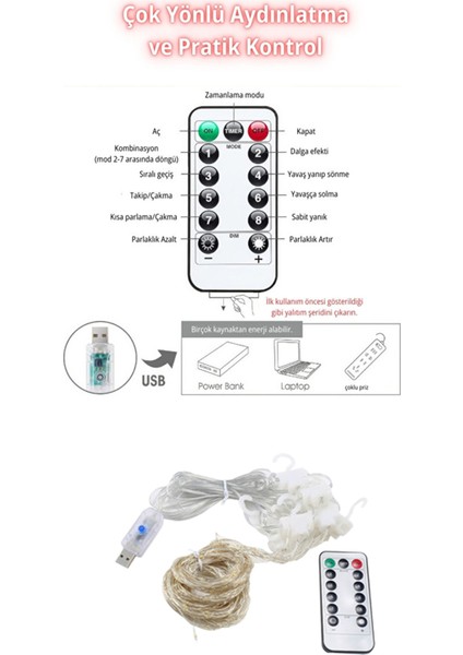 3x3 Metre Usb'li 8 Animasyonlu Uzaktan Kumandalı Gün Işığı Peri Tel LED Perde - KG3X3 fırsatları