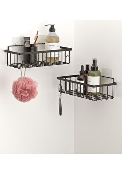 Yapışkanlı Kancalı Banyo Rafı Mat Siyah Modern Tasarım 2 Adet modelleri