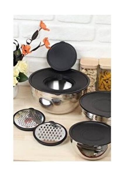 9 Parça Karıştırma Kabı Seti Çelik Rendeli Siyah Kapaklı 16-20-24 cm modelleri