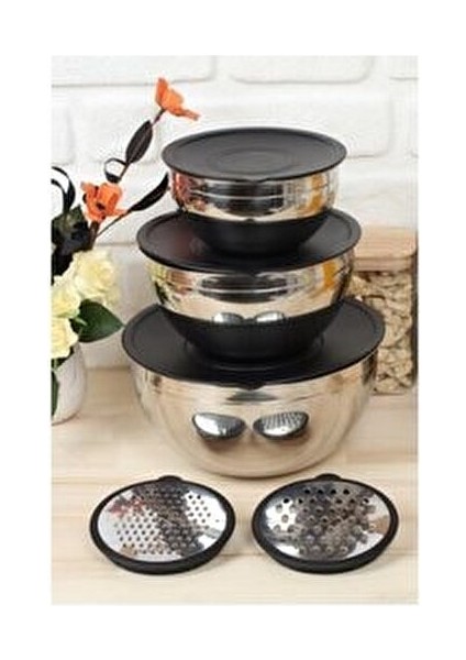 9 Parça Karıştırma Kabı Seti Çelik Rendeli Siyah Kapaklı 16-20-24 cm fırsatları