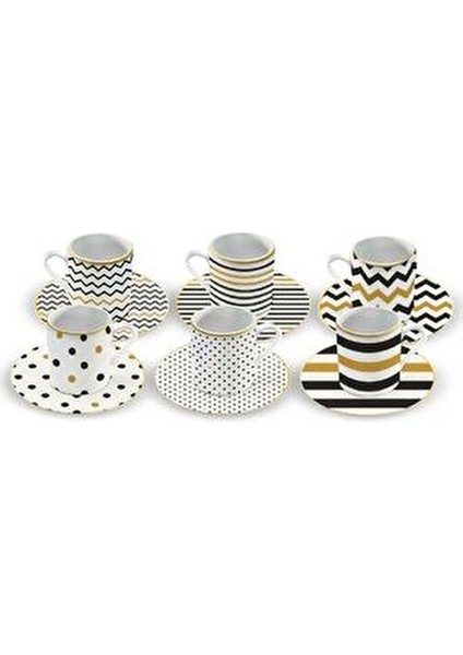 Nossa Porselen Kahve Fincanı Takımı Desenli 6 Kişilik 80 ml Beyaz Siyah Renk