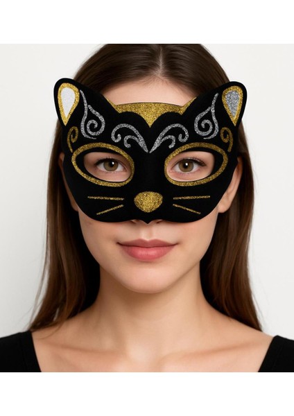 Kadife Dokulu Sim Detaylı Işıltılı Kedi Maskesi Altın Gümüş 20X13 cm