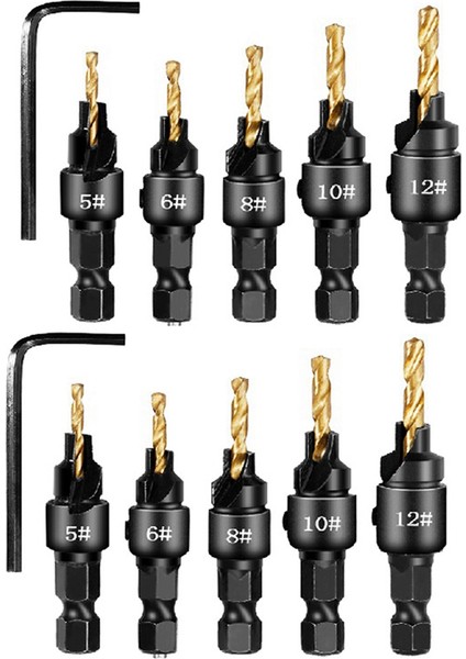 2 SETSX5PCS Countersunk Matkap Altıgen Saplama Çelik Delik Açıcı Set Ahşap Konik Delik Entegre Matkap Biti Altın (Yurt Dışından)